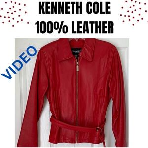 KENNETH COLE Ruby Red 100% Leather Belted Jacket L/M